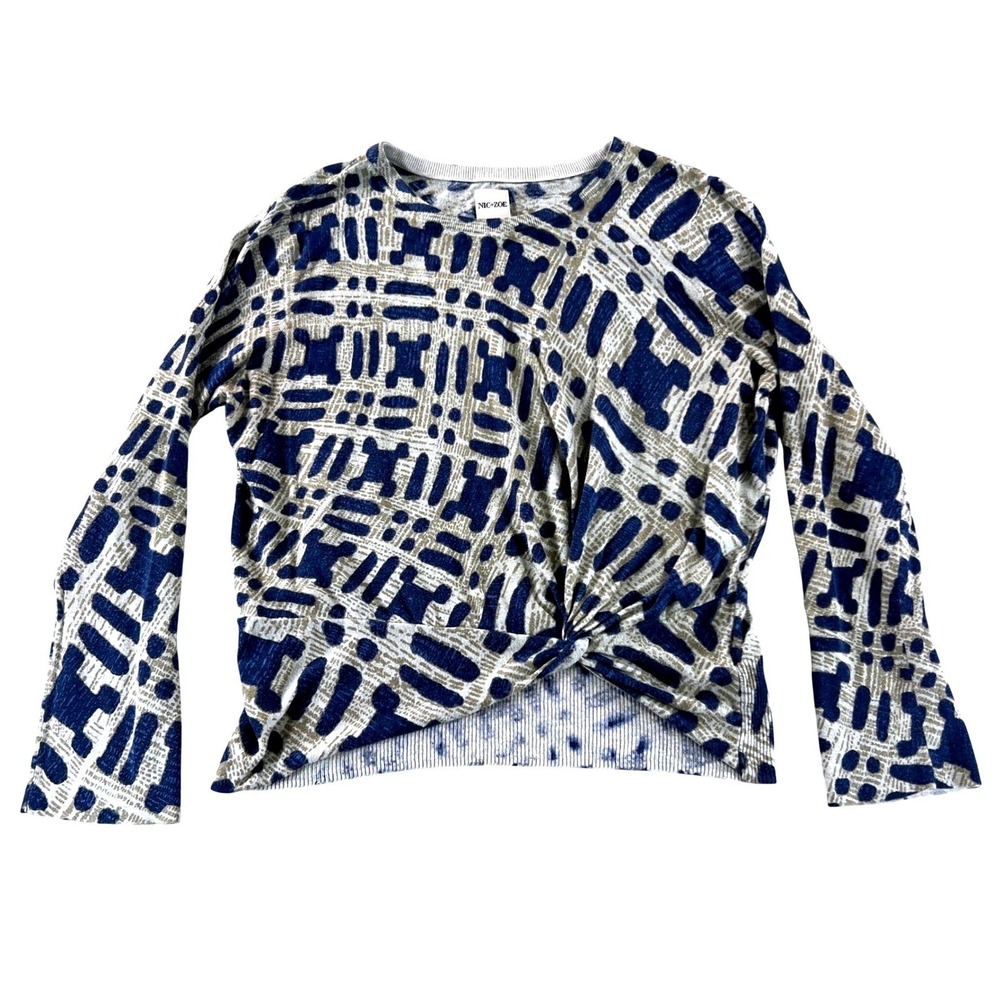 NIC+ZOE Twist Front Sweater Women XL Blue Tan Abstract Knit Long Sleeve Top